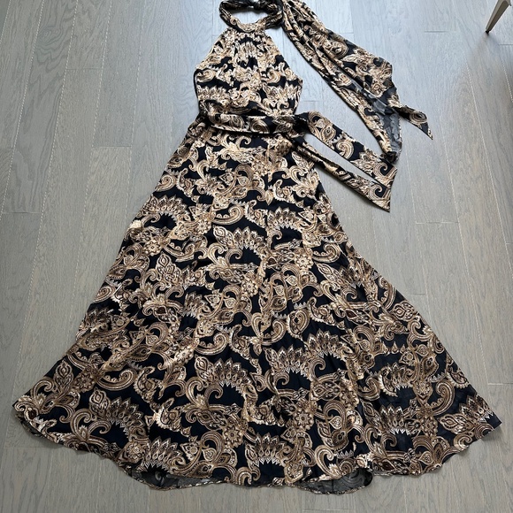 Alice + Olivia DITA Black Gold Spring Paisley Maxi Dress Halter Belt - Size 2 - Picture 2 of 12